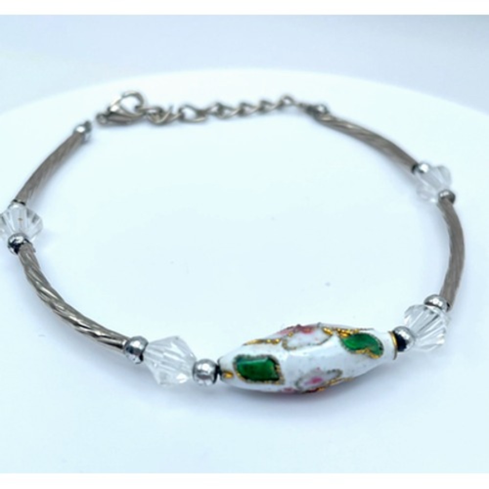 Vintage Silver-Tone Adjustable Faceted Glass Floral Ceramic Bead Chain Bracelet